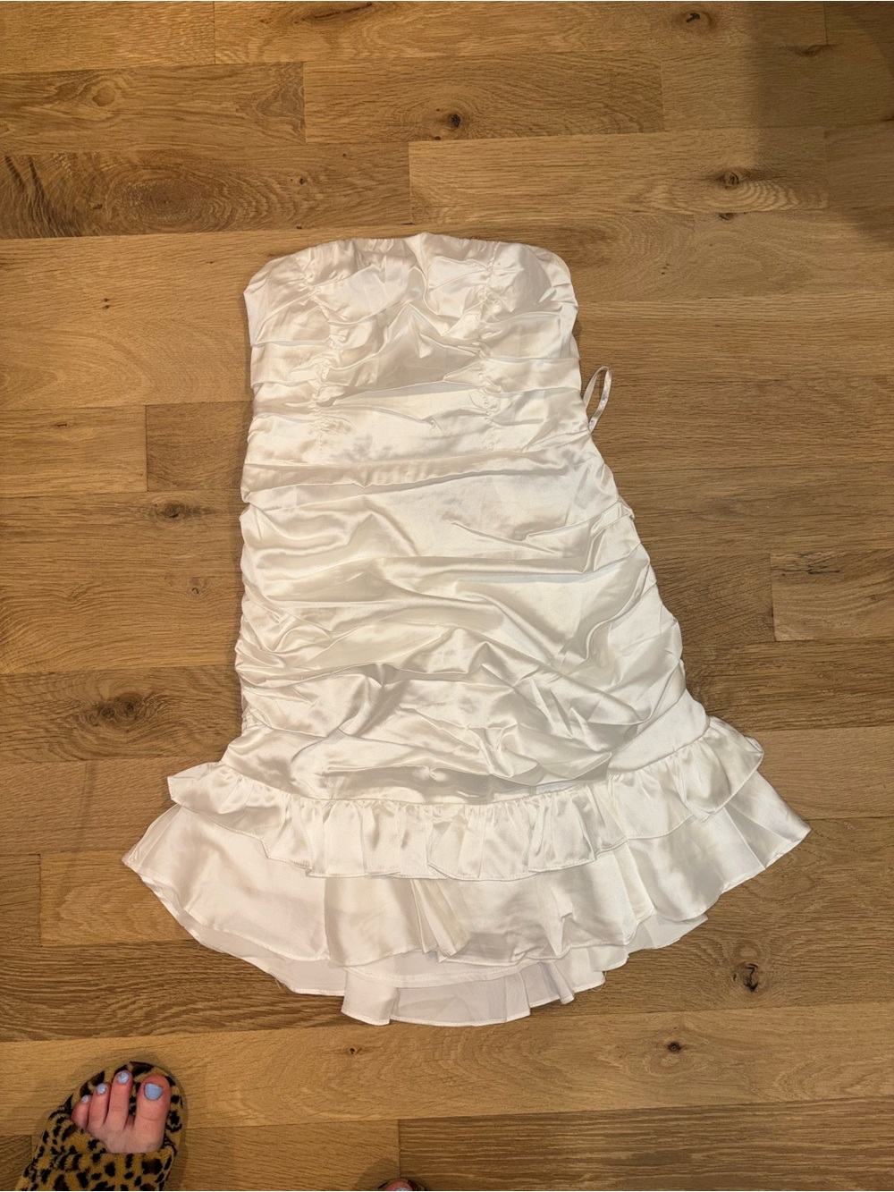 White Ruffled Satin women’s Dress - Strapless Party Dress